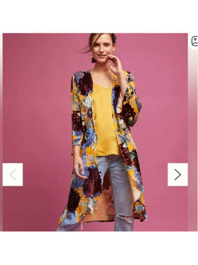 Anthropologie Floreat Aurelia Velvet Burn Out Floral Gold Maroon Yellow Kimono